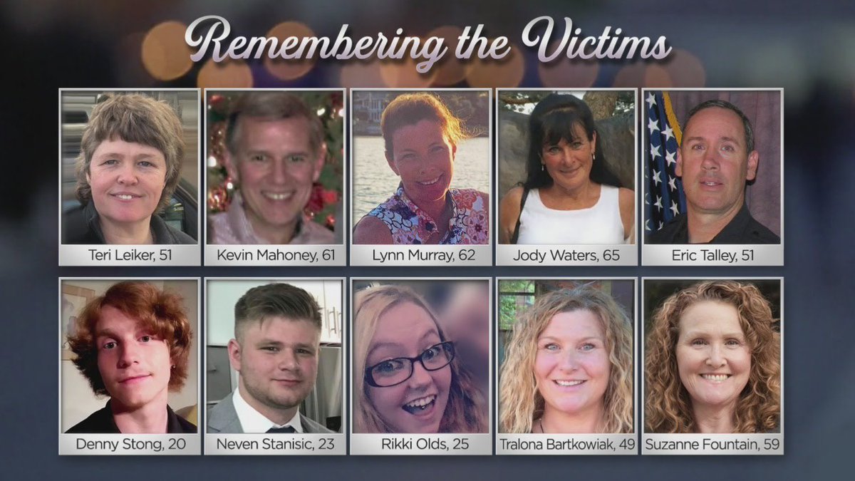 Mekialaya's tweet image. One year later. Always in our hearts. #BoulderStrong 

Teri Leiker, 51
Kevin Mahoney, 61
Lynn Murray, 62
Jody Waters, 65
Officer Eric Talley, 51
Denny Stong, 20
Neven Stanisic, 23
Rikki Olds, 25
Tralona Bartkowiak, 49
Suzanne Fountain, 59