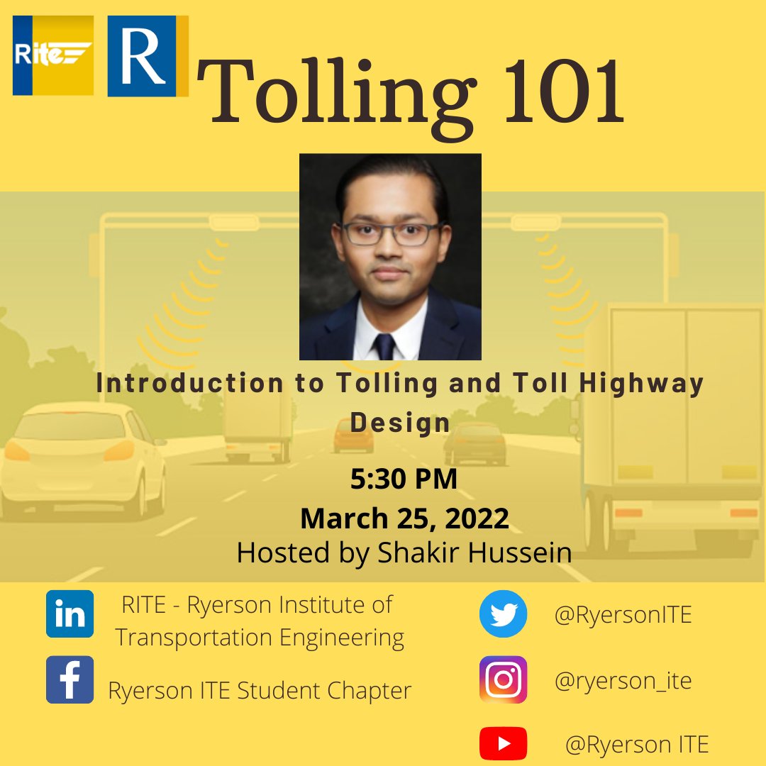 3 more days until the Tolling 101 – An Introduction to Tolling and Toll Highway Operations seminar! Come join us and Shakir Hussein, a Director of Traffic and Planning at 407 ETR, this friday (March 25th, 2022) from 5:30PM to 6:30PM (EST).

Register here: forms.gle/7nn2ZPuX1HFiX3…