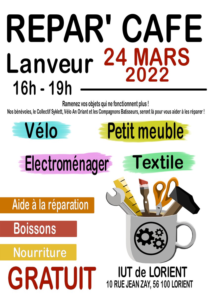 UBS_universite's tweet photo. Réparer plutôt que jeter ! ⚒️
Sous le signe du développement durable, vous êtes invités à participer au premier Répar'Café de Lanveur 🚲👕🪑

🗓️24/03 | 16h à 19h 📍 IUT de #Lorient
🔎 https://t.co/o9IfCFLx1z https://t.co/ugNLVkS3cx