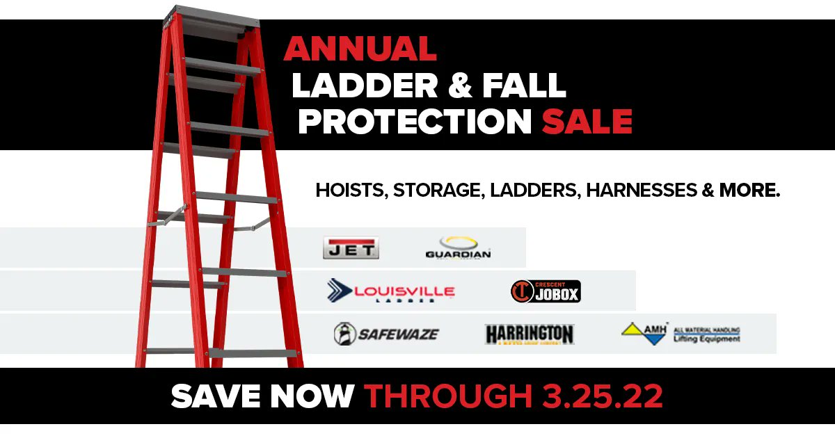 Step up now to #SAVE BIG! #Hoists #Storage #Ladders #Harnesses &amp; More! buff.ly/3Na7FbZ
<a href="/DillonSupply/">Dillon Supply</a> #FallProtection #Construction #Safety <a href="/JET_Woodworking/">JET Woodworking</a> <a href="/guardianfall/">Guardian Fall</a> @louisvilleladder @crescent_tool <a href="/Safewaze/">Safewaze</a> <a href="/HarringtonHoist/">Harrington</a> #AllMaterialHanding
