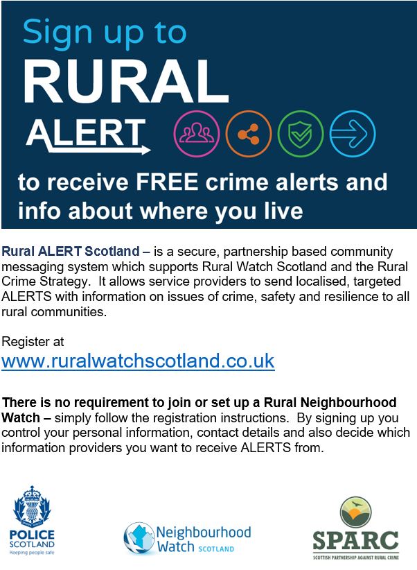 PSOSWestDunbart's tweet photo. Sign up to Rural Watch

Rural ALERT Scotland is a secure, partnership based community messaging system. It allows you to receive FREE alerts for crimes happening in your area to help keep yourself, your family and your property safe. 

#RuralWatch #FreeAlerts #YourCommunity https://t.co/HZRYrVQOMv