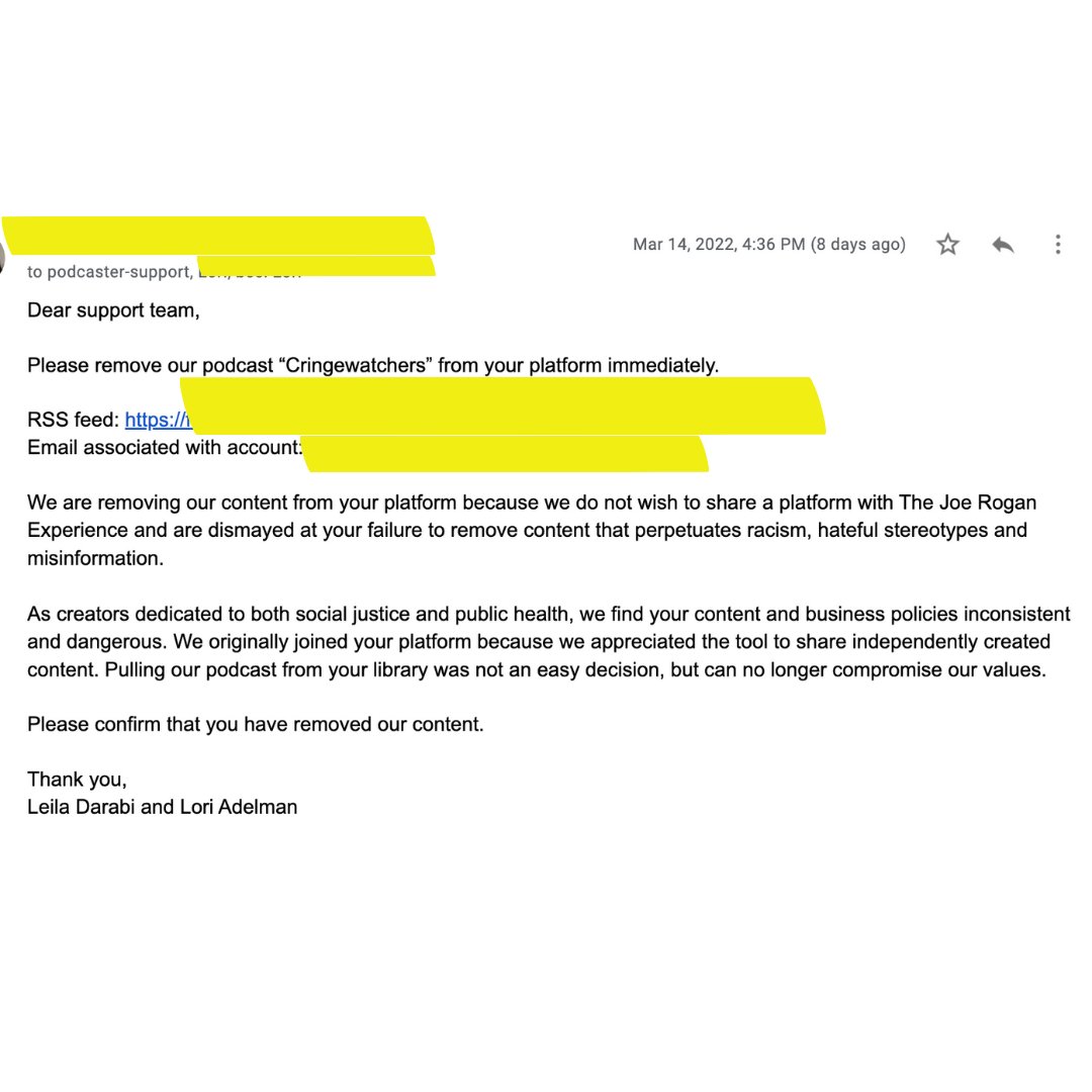 cringewatchers's tweet photo. Sharing our letter to @SpotifyUSA / @spotifypodcasts asking for our content to be removed from the platform so you can read why. 

Places where you CAN stream and subscribe to Cringewatchers include: @ApplePodcasts @acast @SoundCloud @Stitcher @googlepodcast https://t.co/R46TP4cCWx