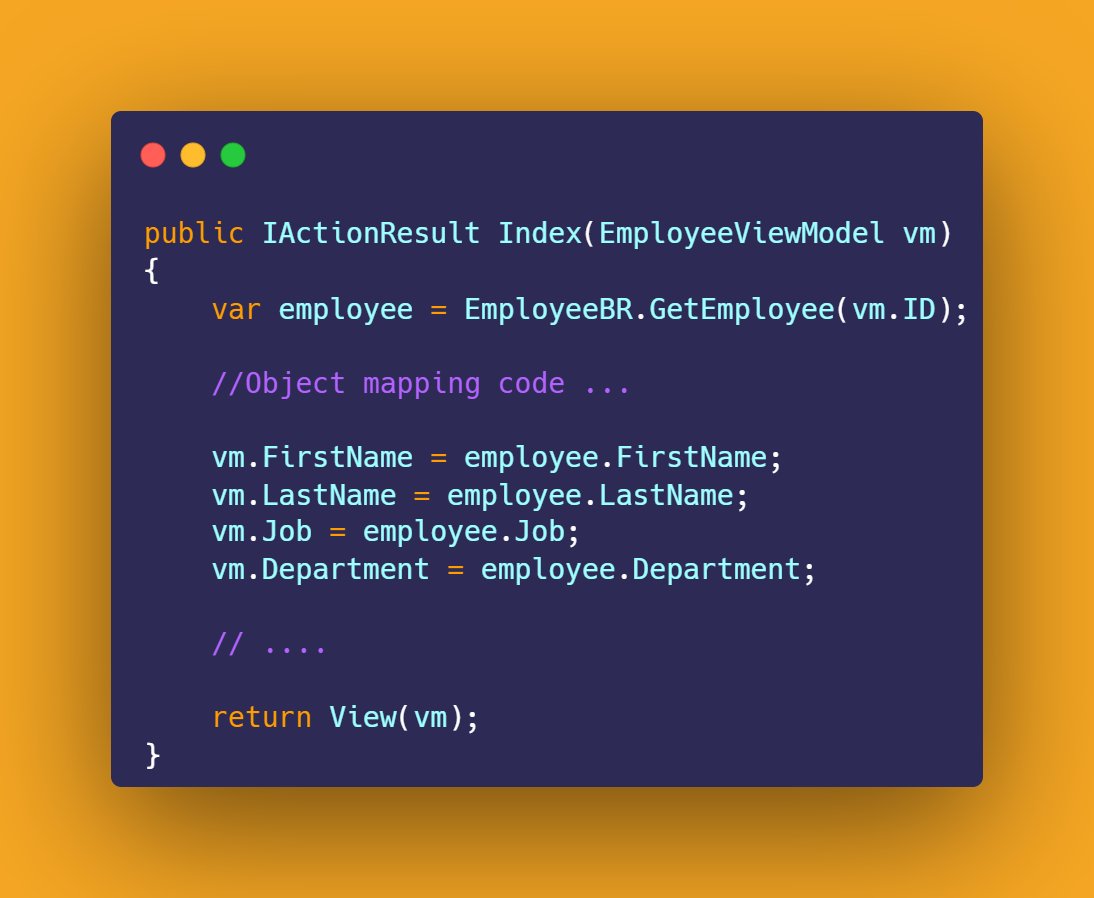 danylaws's tweet image. Hello Devs,👋😉
#AspNetCore #csharp #dotnet concise code tip 💡
Look at this code below. If you have a few of these in your codebase, you may need to consider AutoMapper. So what is AutoMapper? What problem it can solve? A thread 🧵⬇️