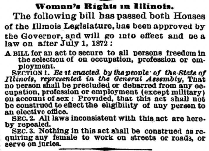 Illinois became the first state to require gender equality in employment on this day in 1872. @nytimes reported it later that year. nyti.ms/3ifEoOB