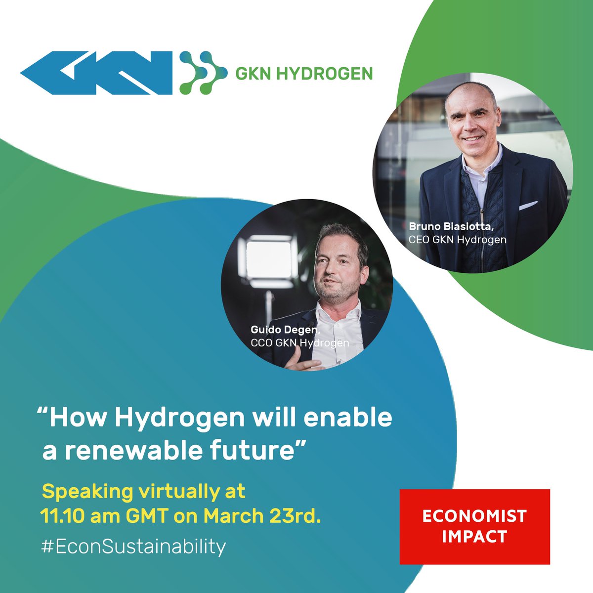 GknHydrogen's tweet photo. We here at GKN Hydrogen are happy to be part of @TheEconomist seventh annual Sustainability week 🌍
📌On March 23rd, 11.10 AM (GMT) - CEO Bruno Biasiotta and CCO Guido Degen will present “How Hydrogen will enable a renewable future" #EconSustainability #hydrogen #energytransition https://t.co/EV1L1c6J4e