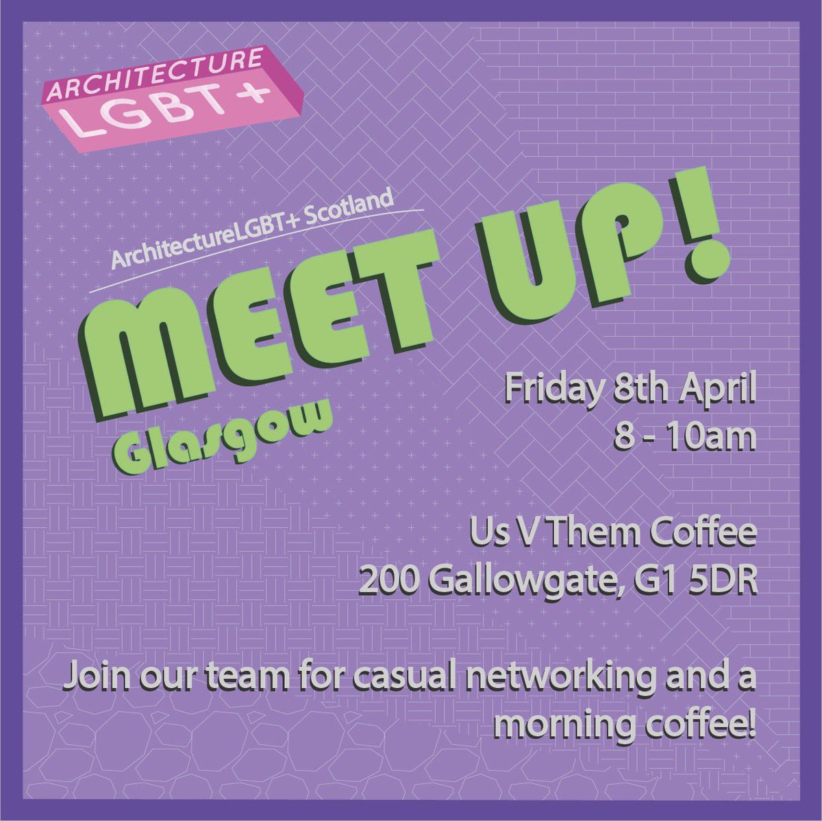 Join the <a href="/ArchitectLGBT/">Architecture LGBT+</a> Scotland Team in #Edinburgh on Fri 1 Apr for an evening drink 🍺 and on Fri 8 Apr in #Glasgow for a morning coffee ☕️! 

These are the first Meet Up’s - hosted with the aim to create a safe space to meet peers and build new networks! 

#LGBT #Architecture