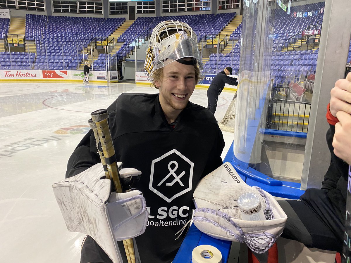 The <a href="/Kelowna_Rockets/">X - Kelowna Rockets</a> with a pre-game skate here in Victoria and who is on the ice before them? Cole Schwebius of the Victoria Grizzlies.