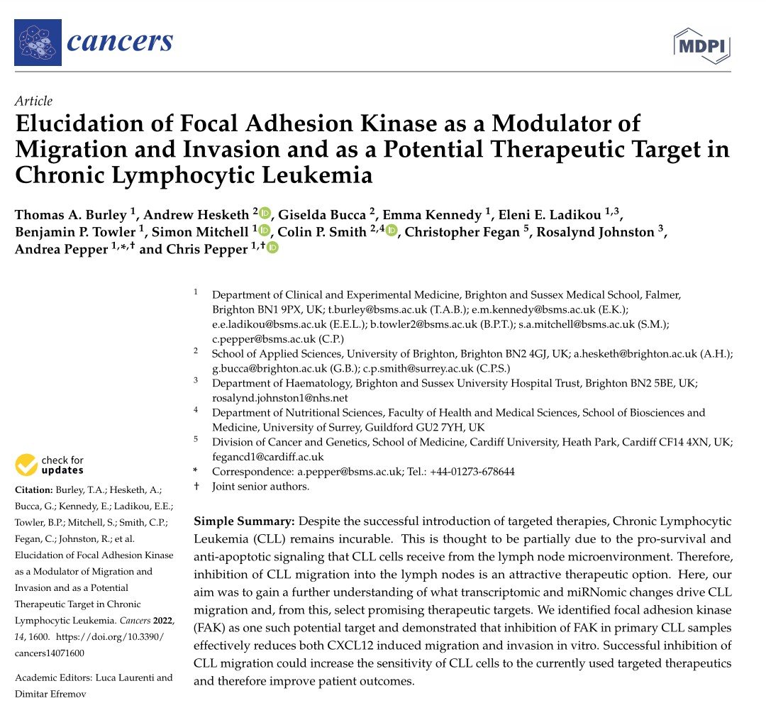 CrozrX's tweet photo. Elucidation of Focal Adhesion Kinase #FAK as a Modulator of Migration and Invasion and as a Potential Therapeutic Target in Chronic Lymphocytic #Leukemia #CLL
#Defactinib/ #Ibrutinib
https://t.co/dLkqNjwjtP https://t.co/xoHJxO7F7N
