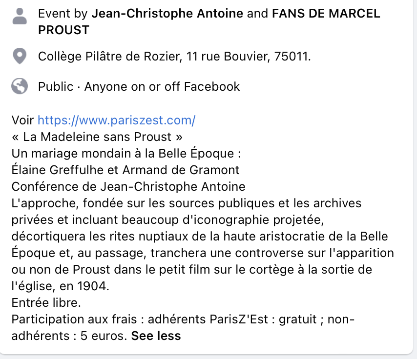 19 May: Collège Pilâtre de Rozier
Conférence de Jean-Christophe Antoine
'Un mariage mondain à la Belle Époque:
Élaine Greffulhe et Armand de Gramont'
Organisée pariszest.com
@LucFraisse  @AmisDeProust  #LibrairieFontaineHaussmann @H_Litteraires 

facebook.com/events/1600268…