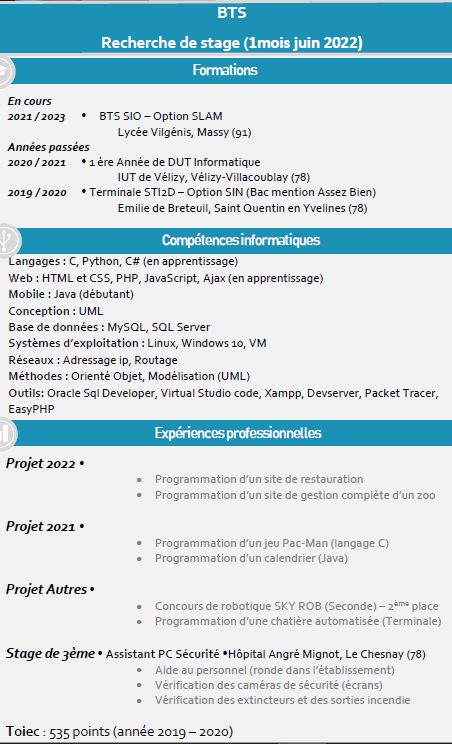 Hello, une connaissance recherche un stage de 1 mois en Juin 2022 (non rémunéré): développement/programmation. Il est en 1ère année de BTS SIO - Services Informatiques aux Organisations (Option SLAM: solutions logicielles et applications métier).DM si intéressé! merci pour les RT