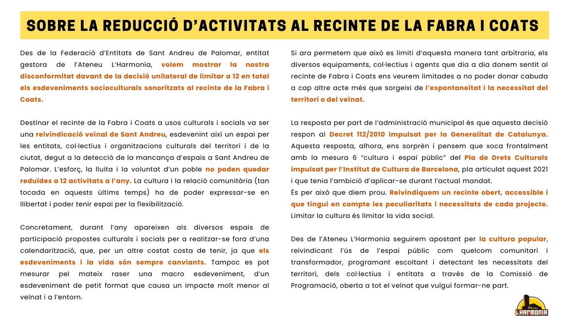 📣 Manifest | Sobre la reducció d’activitats sonoritzades al Recinte de la <a href="/FabraiCoats/">Fabra i Coats</a>. 

"Reivindiquem un recinte obert, accessible i que tingui en compte les peculiaritats i necessitats de cada projecte."

Ens ajudeu amb la difusió?🙏

🔗 ateneuharmonia.cat/lateneu/sobre-…