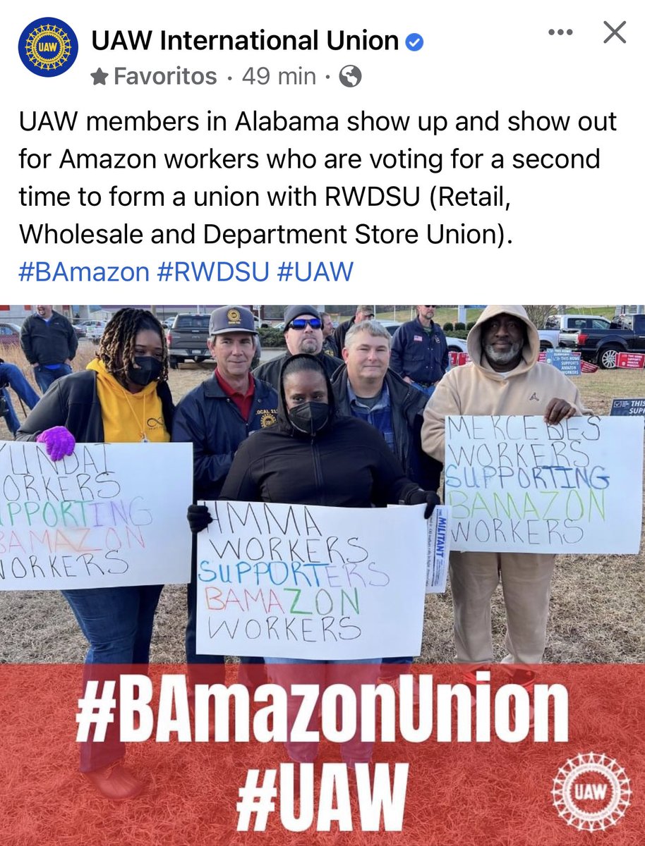 rafaelmg2004's tweet photo. UAW members in Alabama show up and show out for Amazon workers who are voting for a second time to form a union with RWDSU (Retail, Wholesale and Department Store Union). #BAmazon #RWDSU #UAW https://t.co/nfzrfvaLj0