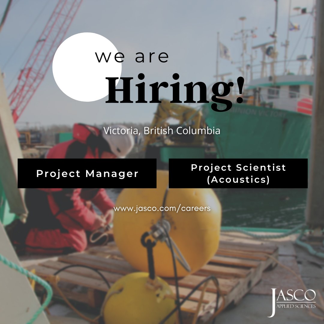 Our Victoria, BC office is hiring:
☑ Project Manager 
☑ Project Scientist (Acoustics)

Check out our 'Careers' page for more information:
➡ jasco.com
Send your resume & CV to:
➡ careers@jasco.com

#careers #jobseekers #projectmanager #projectscientist #acoustics