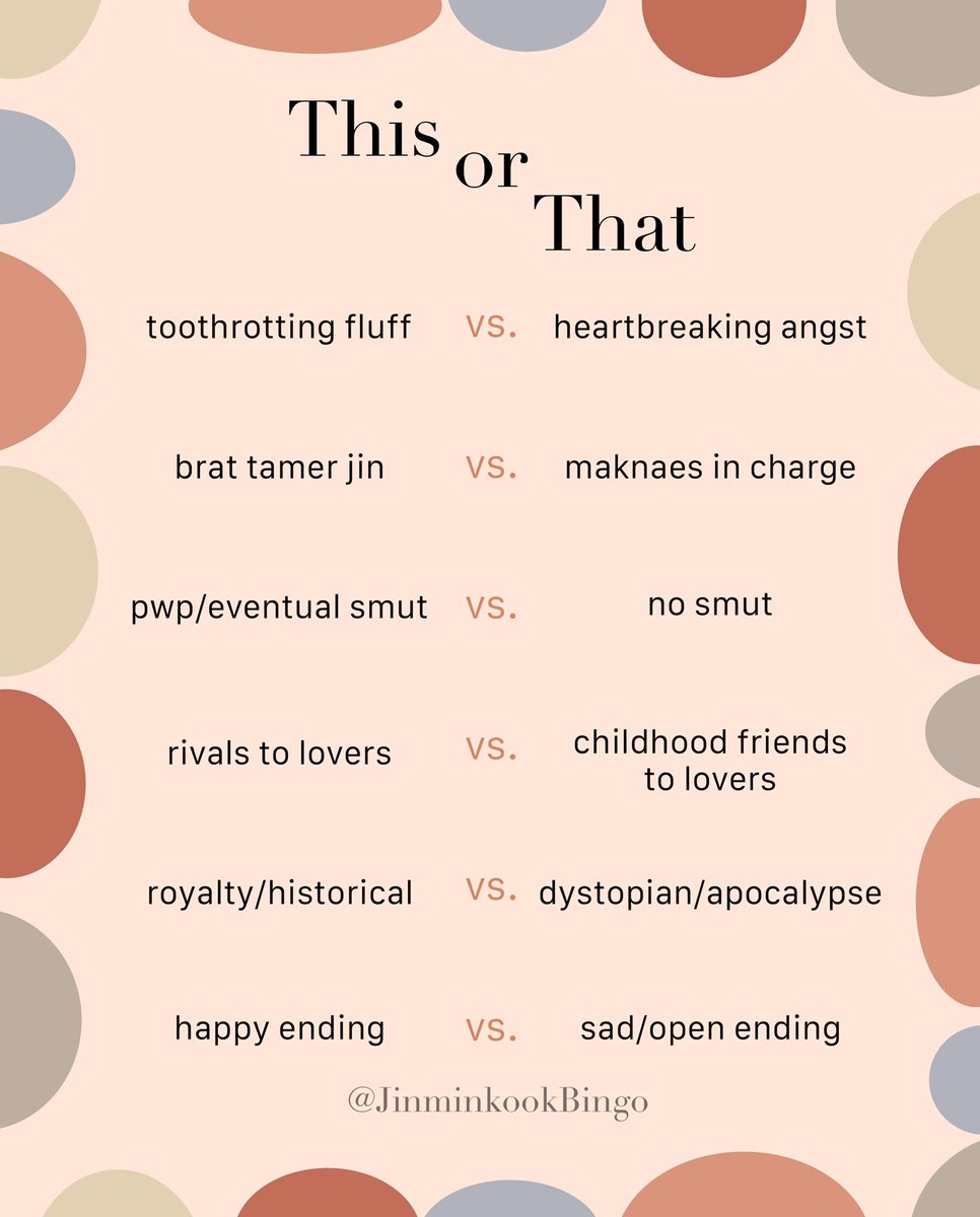 JinminkookBingo's tweet photo. 🐹🐥🐰 THIS OR THAT

what are your favourite tropes (for jinminkook)? build a prompt with these options and qrt with what you end up with! 👀 https://t.co/iRmufQWk9k