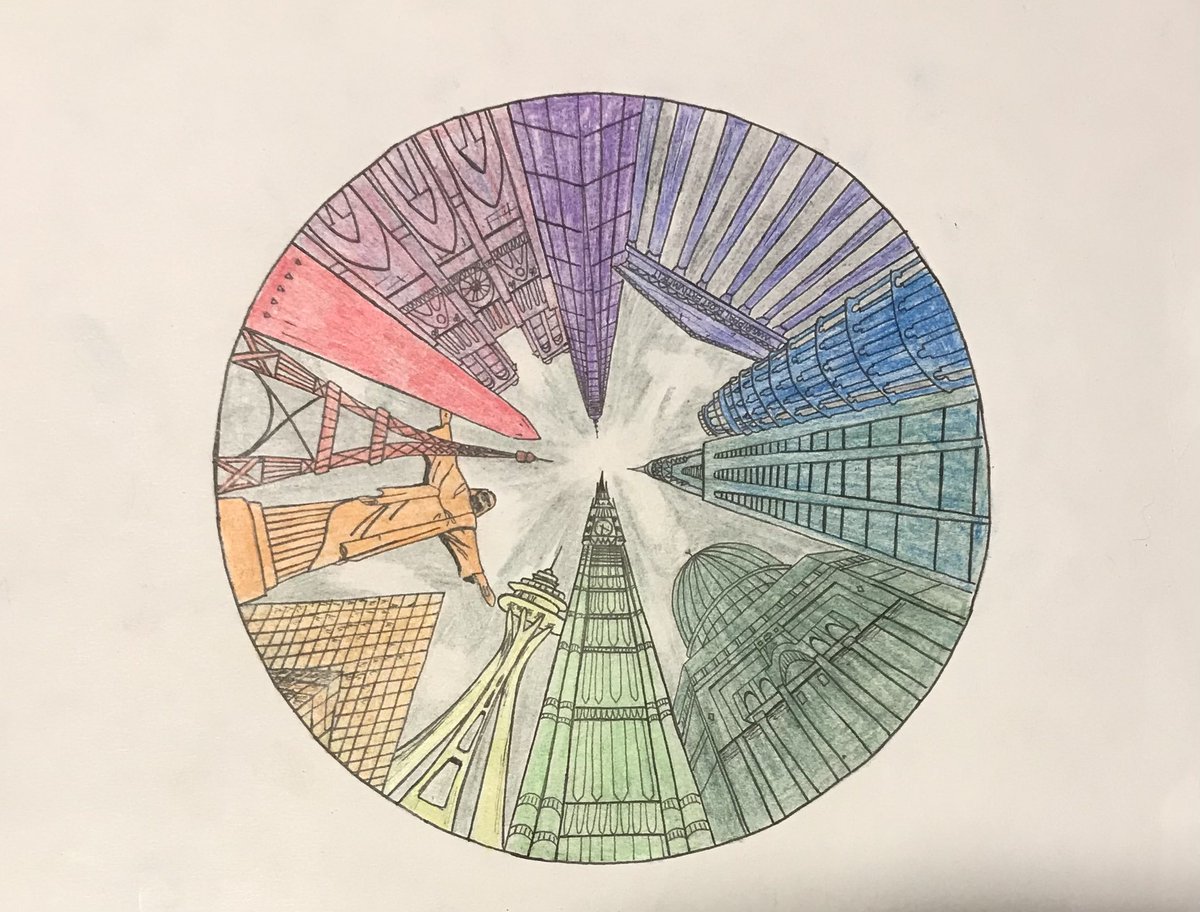 dcs_visual_art's tweet photo. Semester 2 Advanced Drawing & Painting Students did a color theory and perspective review paired with a little architecture too! These color wheel cityscapes are awesome! 🎨 #art #artreacher #perspectivedrawing #colorwheel #wormseye #cityscape #proud #talented #landmarks https://t.co/BOTH5zSn3r