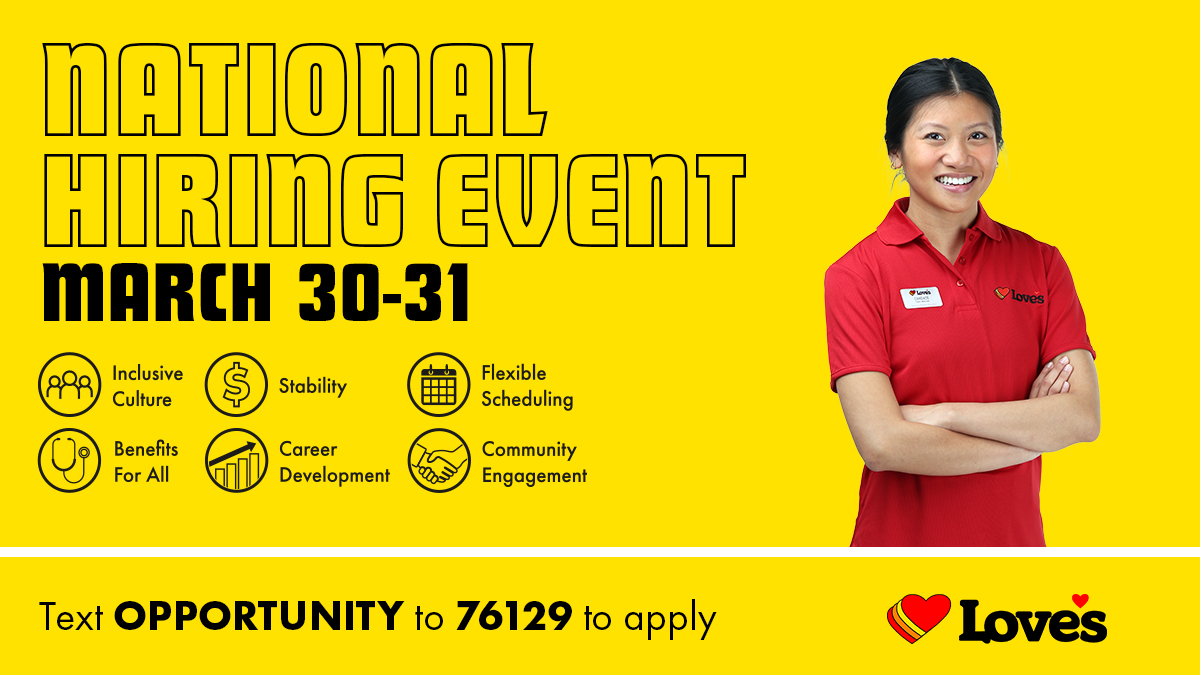 LovesTravelStop's tweet photo. Love’s is hiring! We are looking to grow our team of Friendly Faces at over 580 locations through our National Hiring Event. On-site interviews will take place in over 40 states on March 30 & 31. #Hiring #TeamLoves
Register for your interview ➡️ https://t.co/UDAgFRqLio https://t.co/h7oC0kxN48