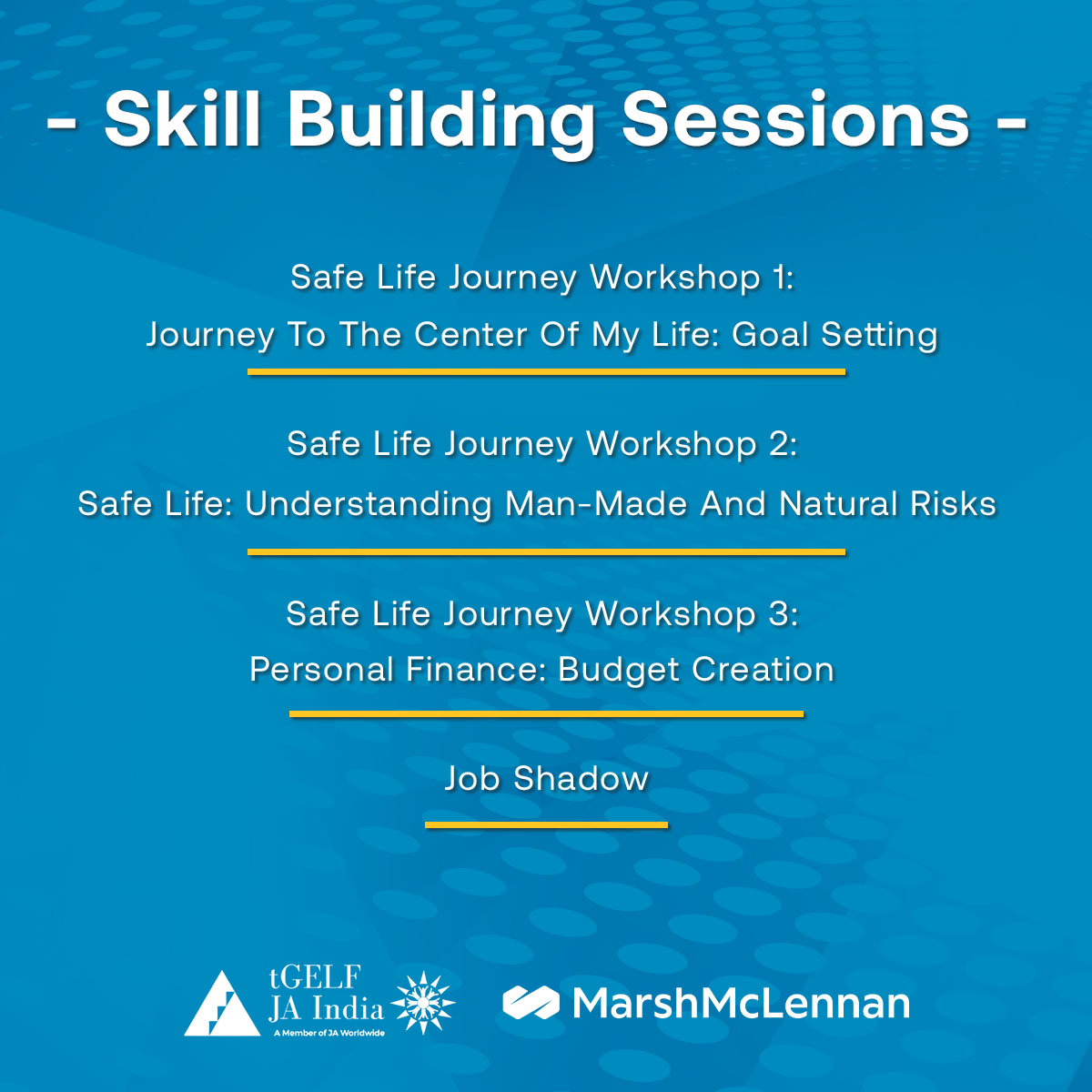 tGELF's tweet photo. tGELF/JA India conducted workshops - 'Safe Life Journey', with @MarshMcLennan to teach students the essence of creating savings plans, evaluating risks and decision making to prepare them for the future.
Tell us how much of an impact these skills have made in your life! https://t.co/AWeduIXfTQ