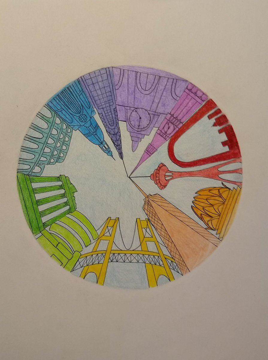 DHS_FineArts's tweet photo. Semester 2 Advanced Drawing & Painting Students did a color theory and perspective review paired with a little architecture too! These color wheel cityscapes are awesome! 🎨 #art #artreacher #perspectivedrawing #colorwheel #wormseye #cityscape #proud #talented #landmarks https://t.co/T8AdLAo77u