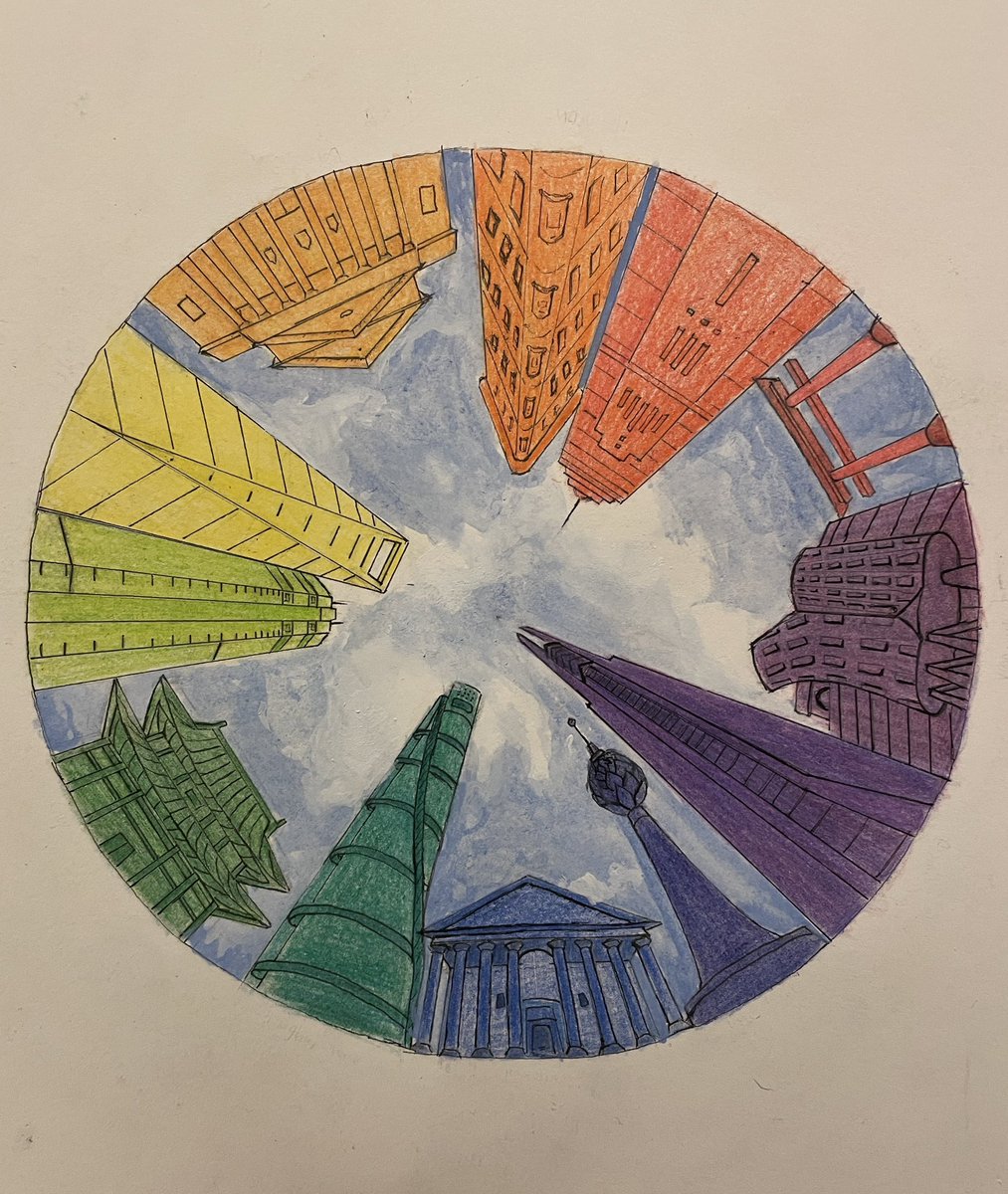 DHS_FineArts's tweet photo. Semester 2 Advanced Drawing & Painting Students did a color theory and perspective review paired with a little architecture too! These color wheel cityscapes are awesome! 🎨 #art #artreacher #perspectivedrawing #colorwheel #wormseye #cityscape #proud #talented #landmarks https://t.co/T8AdLAo77u