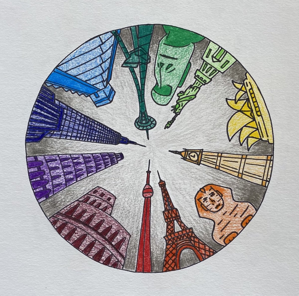 DHS_FineArts's tweet photo. Semester 2 Advanced Drawing & Painting Students did a color theory and perspective review paired with a little architecture too! These color wheel cityscapes are awesome! 🎨 #art #artreacher #perspectivedrawing #colorwheel #wormseye #cityscape #proud #talented #landmarks https://t.co/T8AdLAo77u