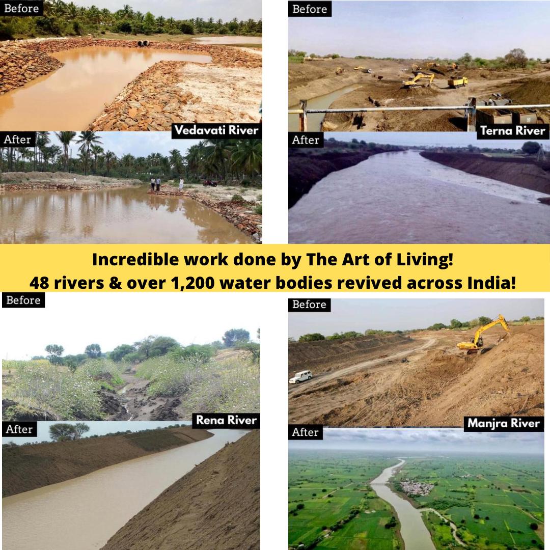 KamleshBarwal's tweet photo. On this #WorldWaterDay let's wake up to the fact that river rejuvenation is achieved by tangible scientific work &amp; hard labour of de-silting, afforestation etc. While many spend resources in rallying &amp; pageantry, @ArtofLiving rejuvenated 48 rivers &amp; 1200+ water bodies in India 👌 https://t.co/kttgqANBds