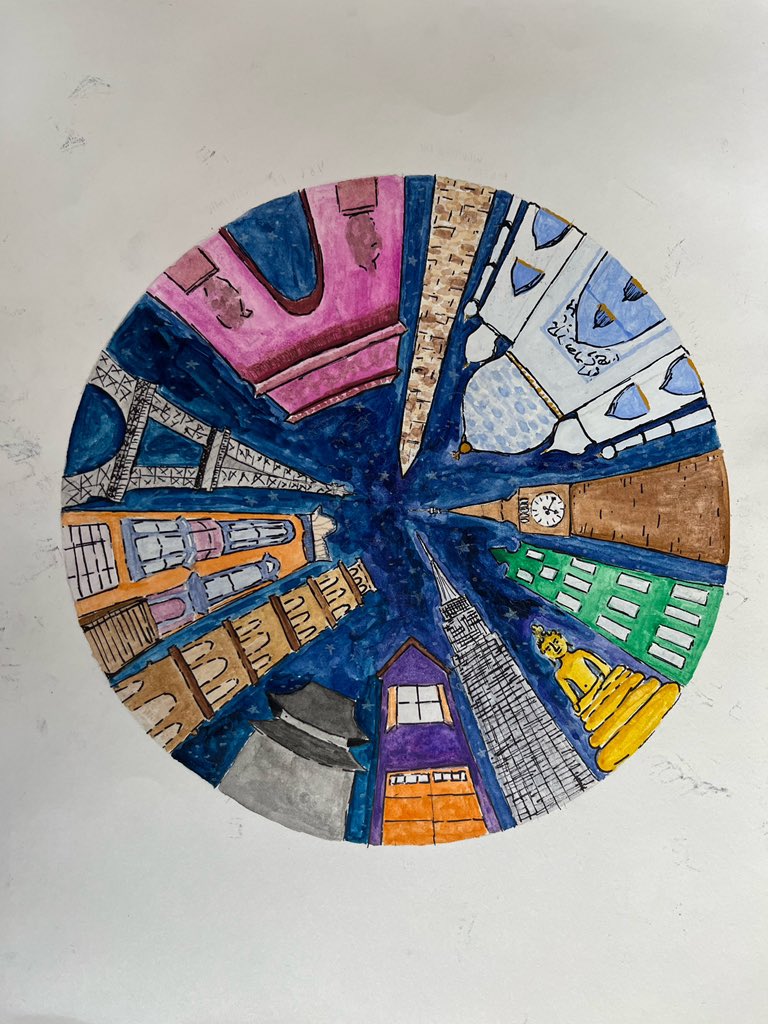 DHS_FineArts's tweet photo. Semester 2 Advanced Drawing & Painting Students did a color theory and perspective review paired with a little architecture too! These color wheel cityscapes are awesome! 🎨 #art #artreacher #perspectivedrawing #colorwheel #wormseye #cityscape #proud #talented #landmarks https://t.co/SFI9cyKyLK