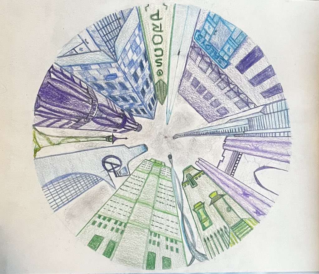 DHS_FineArts's tweet photo. Semester 2 Advanced Drawing & Painting Students did a color theory and perspective review paired with a little architecture too! These color wheel cityscapes are awesome! 🎨 #art #artreacher #perspectivedrawing #colorwheel #wormseye #cityscape #proud #talented #landmarks https://t.co/SFI9cyKyLK