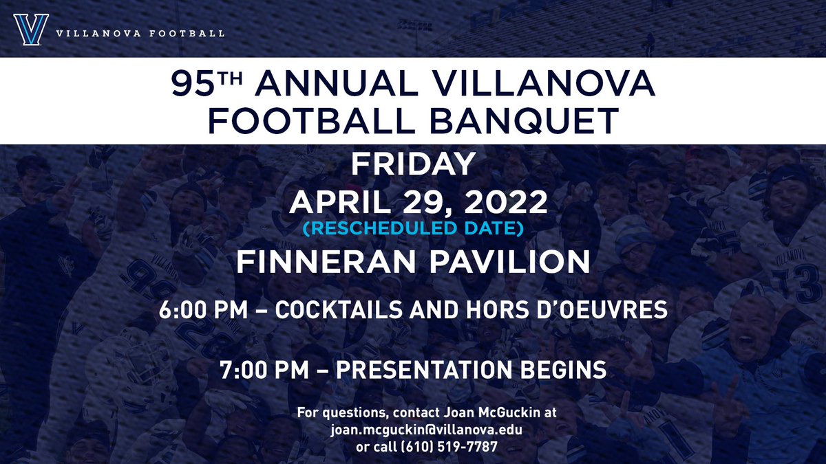 NovaFootball's tweet photo. Tickets are still available for the 95th Annual Villanova Football Banquet on 𝐅𝐫𝐢𝐝𝐚𝐲, 𝐀𝐩𝐫𝐢𝐥 𝟐𝟗.
Join us in celebrating the 2021 season and register today! https://t.co/AxnK816Z1V https://t.co/SspgoqsWml
