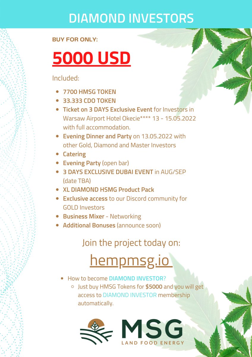 #HMSGToken

We've prepared special Investor Packages! Where you can buy HMSG Token cheaper than normal price.

+ BONUSES!

Join our Discord TO FIND MORE:
discord.gg/MjJPE4pSnJ

#CBD #HMSG #HEMP #HMSGToken #Time #CryptoNews #cryptocurrency #startup #nft
