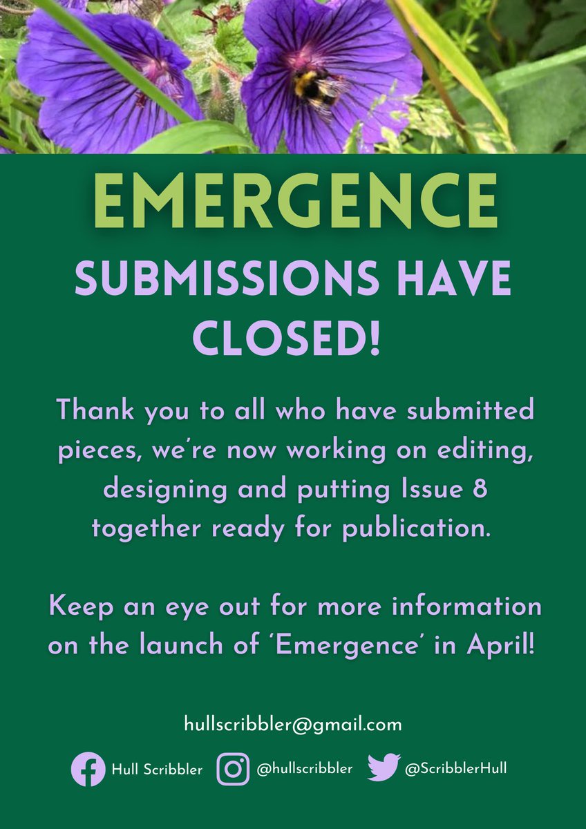 Thank you to everyone who has submitted to <a href="/ScribblerHull/">The Hull Scribbler</a> Issue 8, ‘Emergence’; submissions are now closed!

The Hull Scribbler team (Adam, Matt, Amy, Lilliana and Levi) are now hard at work getting Issue 8 ready for publication. 

Keep an eye out for more information soon 👀