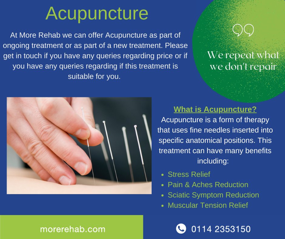 MoreRehab's tweet photo. Acupuncture involves inserting fine needles into specific acupuncture points and has been used for thousands of years. It is scientifically proven to help with pain and inflammation. https://t.co/Bxcu7HjMPM