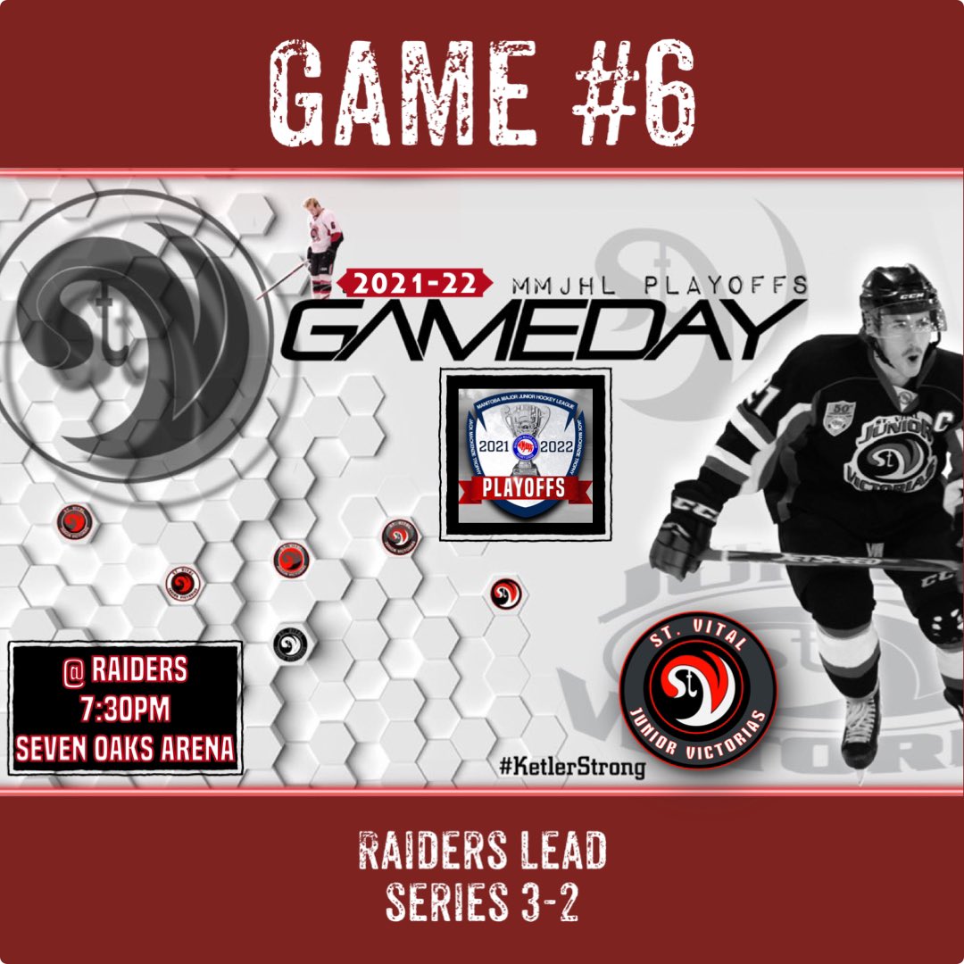 stvitaljrvics's tweet photo. 🚨GAMEDAY🚨

Your VICS push to tie the series tonight in GM#6.. Showtime in 7Oaks!

VICS fans, we heard you last game &amp; we wanna hear it again! See you there, make some noise &amp; support your boys!

🆚 - Raiders JHC
⏱ - 7:30pm
📍 - Seven Oaks Arena

#govicsgo #fireitup #engaged https://t.co/hEGmVS274B