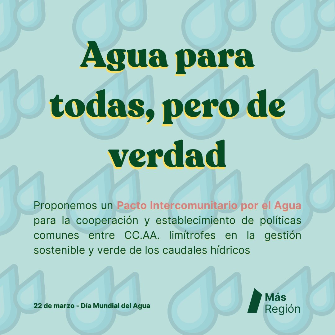 MasRegion_es's tweet photo. Hoy en el #DiaMundialDelAgua reivindicamos este elemento tan necesario para todas y todos. Y por eso necesitamos que todas las Comunidades nos pongamos de acuerdo para su uso justo y sin despilfarro. https://t.co/UMxJm4Pi3f