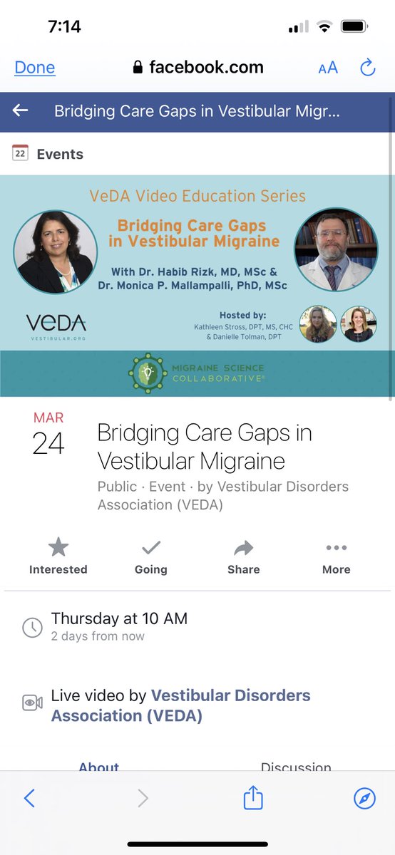 Dizzydoctorpt's tweet photo. This may be good information for anyone suffering with vestibular migraine. You can look it up through Facebook or go to https://t.co/VO4PqUnPTr to sign up. It’s this Thursday at 10 AM. I am not sure what time zone it isn’t so be sure to check. https://t.co/AmZTr86lrU