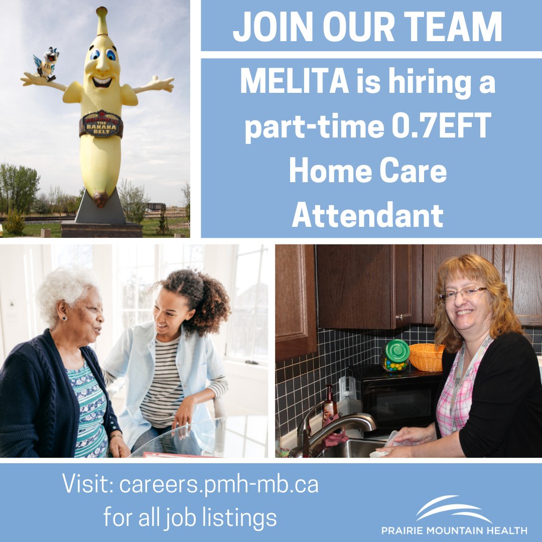 #MELITA is hiring a part-time 0.7EFT Home Care Attendant. Meet the special & changing needs of clients while promoting optimum health & independence. Benefits package & pension available. Join the team, apply today! 
https://t.co/AKwqXUikuf #pmhcareers https://t.co/nY3FRbL0vi