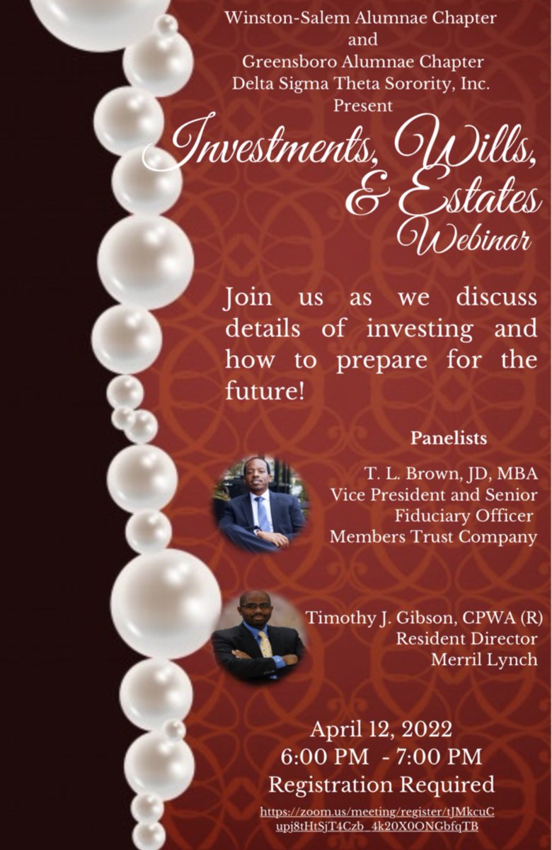 DSTGreensboro's tweet photo. Join @WSAlumnae_DST & @DSTGreensboro for an informative webinar on 4/12/22 to ensure you are prepared in the areas of wills, investing, and estate planning. Registration required: https://t.co/hoGtq64IB6
#PowerlnOurWork #dstgreensboro #WSAC #DST1913 #SensationalSAR https://t.co/XlDR0Nds1w