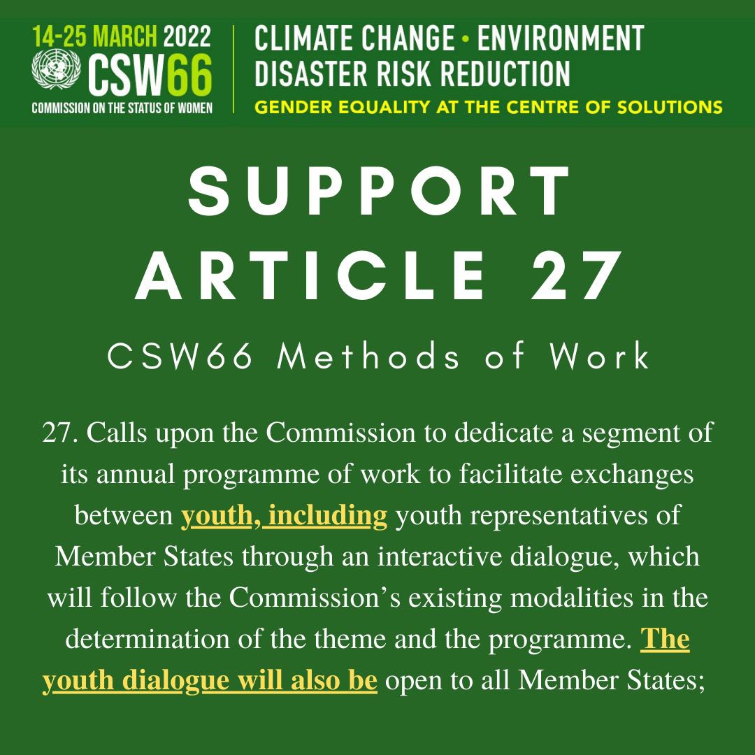 AlondraVelqz's tweet photo. Global Youth are calling on Member States to support Article 27 in the #CSWMethodsofWork! This is a landmark clause that will embed youth participation in #CSW & across the #UN system. Nothing about us, without us!
#CSW66 @MexOnu https://t.co/y8ly0FnkFs https://t.co/tEJn7qYQQW