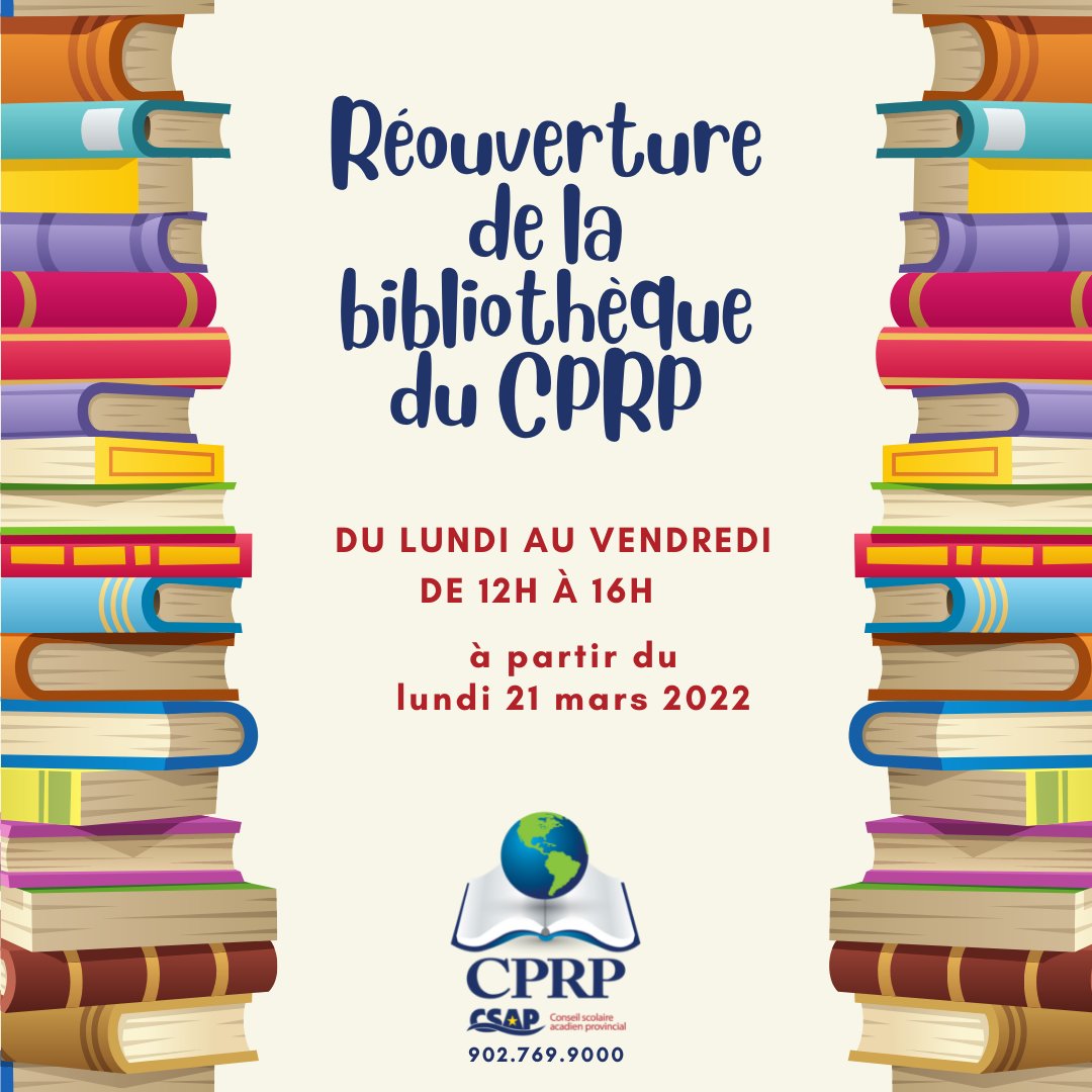 Réouverture de la bibliothèque du CPRP

Nous sommes heureux de pouvoir accueillir la communauté du lundi au vendredi de 12h à 16h.  

Le CPRP est situé à l'Université Sainte-Anne au campus Pointe-de-l'Église, pour plus d'info, c'est ici 👉 cprp.csap.ca