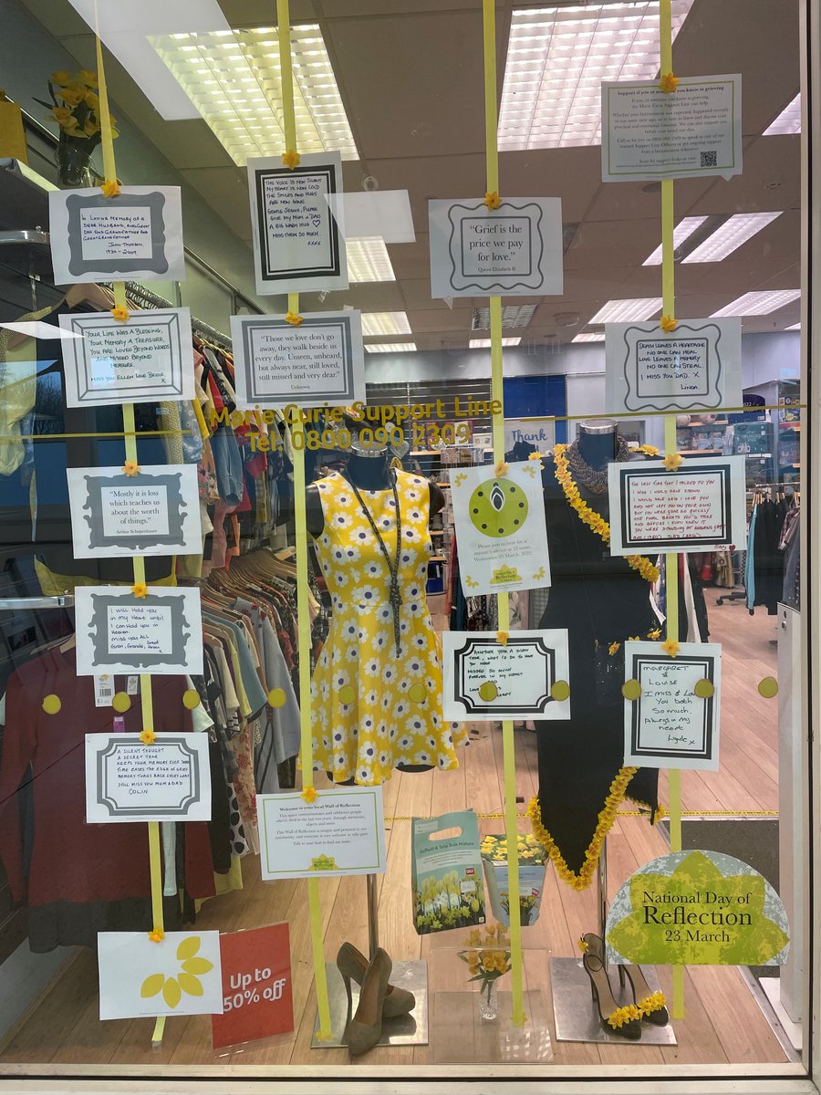 mariecurieuk's tweet photo. Today, our shops across the UK have made their windows #WallsOfReflection so people can connect through grief. 

Join us at 12pm in taking a one minute silence to remember the loved ones we've lost 💛 https://t.co/TnwyveZ4qt