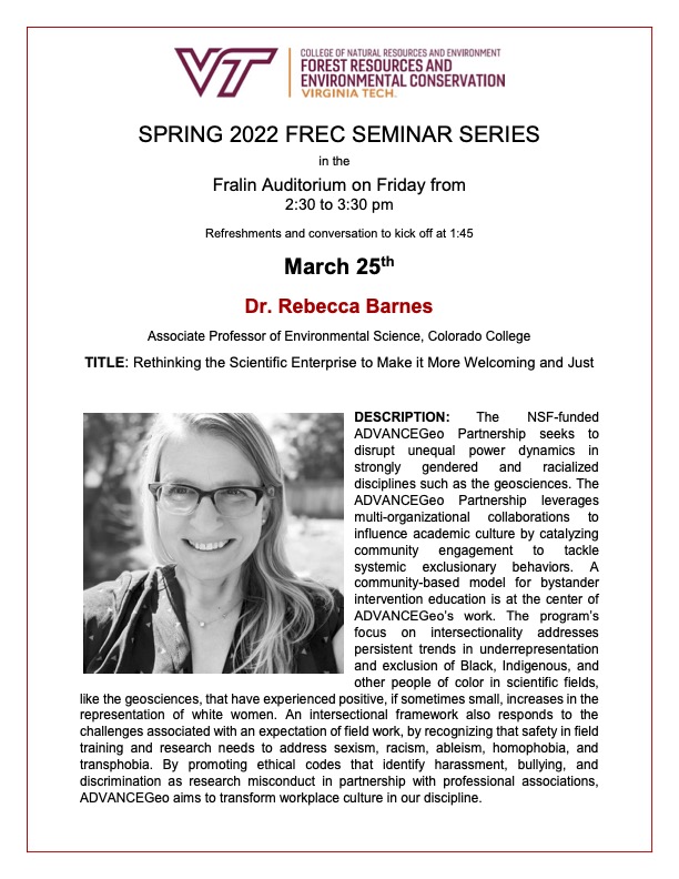 FluvialBenthos's tweet photo. I'm so excited for @waterbarnes' Virginia Tech visit this week!!! If you're on campus: consider attending her  seminar, "Rethinking the Scientific Enterprise to Make it More Welcoming &amp; Just", on Fri at 2:30p in the Fralin Auditorium.

(Thanks @jp_gannon &amp; @vt_cnre for hosting!) https://t.co/gjgjAGdOPs