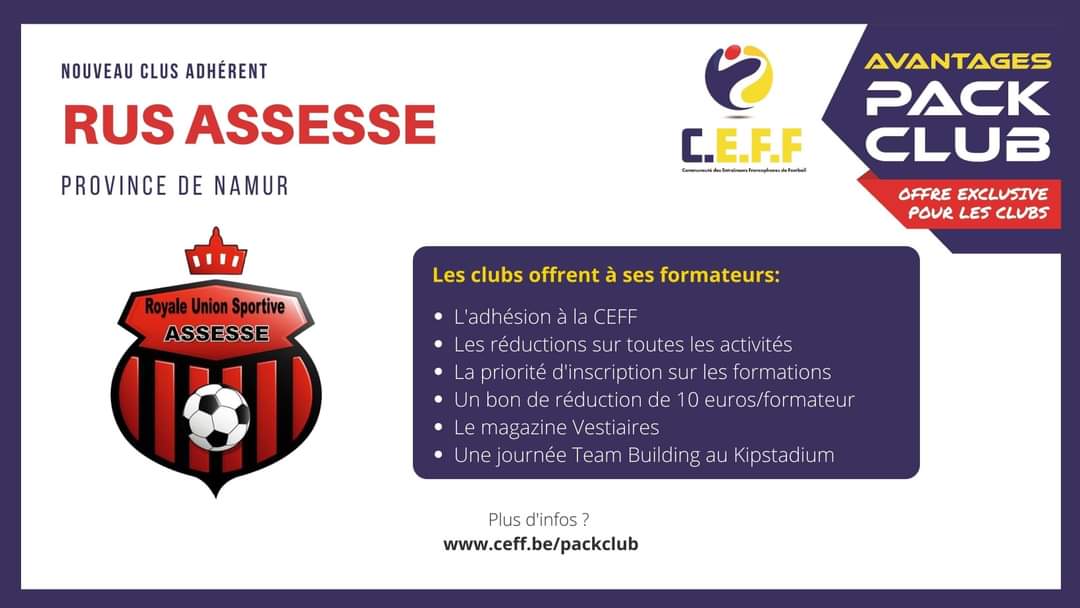 🤝 Un nouveau club a offert à leurs formateurs des avantages afin de les remercier de continuer à se former !

👏 Merci RUS Assesse pour cette adhésion au Pack CEFF Club.

#CEFF #packceffclub #jecontinueameformer #football #coacheducation #formation
