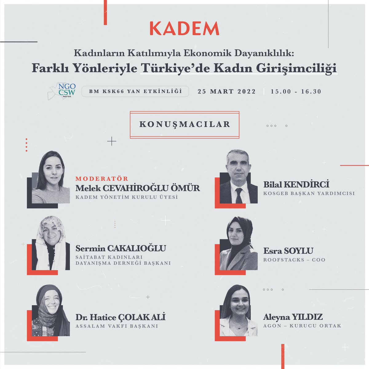 Birleşmiş Milletler Kadının Statüsü Komisyonu 66. oturumunda, 

"Kadınların Katılımıyla Ekonomik Dayanıklılık: Farklı Yönleriyle Türkiye'de Kadın Girişimciliği" konulu, online panelle yer alacağız. 

📍Kayıt için tıklayın: kadem.org.tr/bm-kayit-2022

🗓 25 Mart 2022
⏰ 15:00 - 16:30