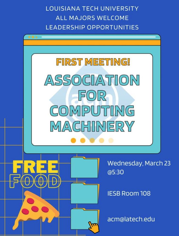 LATechACM's tweet photo. To RSVP for the meeting (and for pizza), sign up with your Tech email on the Google form below. We hope to see you there!

https://t.co/h6Ur0YDBf0 https://t.co/UfzrBZyqCf