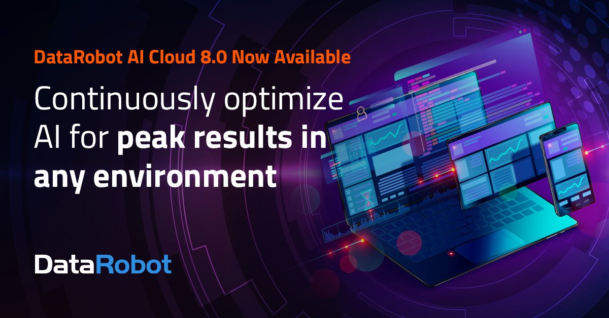 DataRobot #AICloud 8.0 expands our #ContinuousAI &amp; #MLOps capabilities for all environments (including on prem). Continuous AI automatically adapts &amp; recommends the best solution for your business now, to protect your performance in the future. Learn more: bit.ly/3uhm3Gv