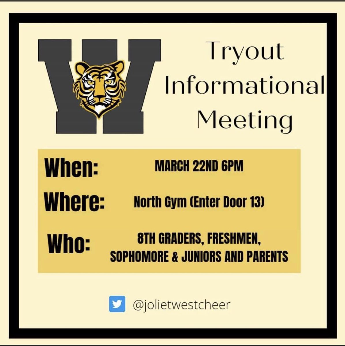 jodigantt's tweet photo. Today is the Joliet West CHEER 🖤💛🐯🐾 Tryout Informational Meeting at 6pm at Joliet West. Don’t miss a great opportunity to get involved in your school, make life long friendships and be part of a great program. Enter through Door 13 and meet in the North Gym. See you there! https://t.co/TNjXrer1lC