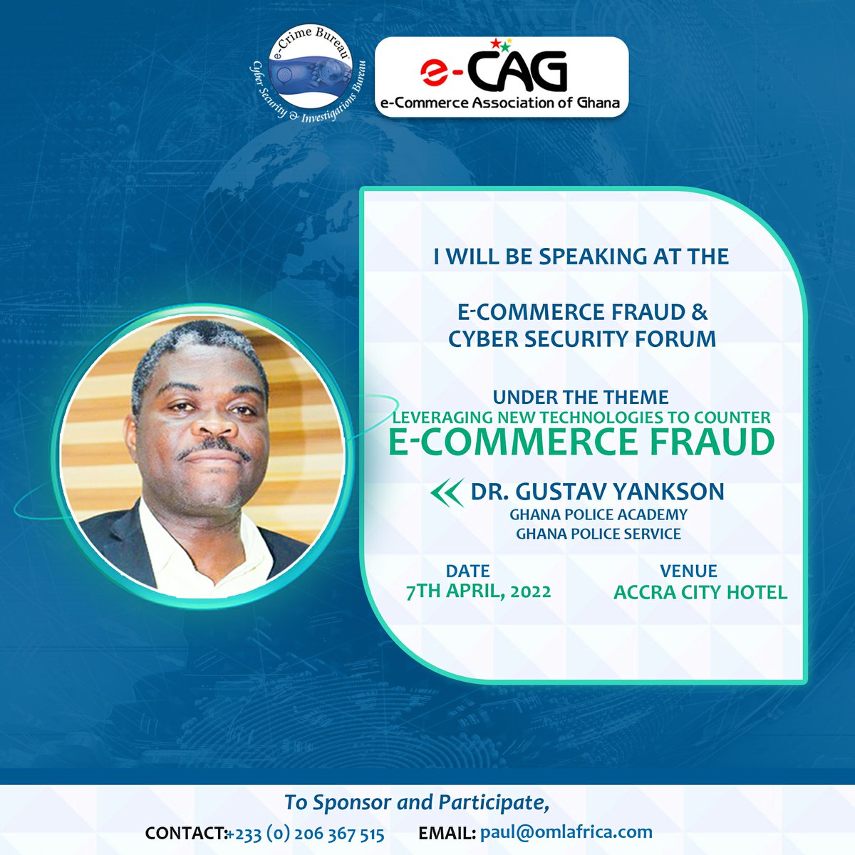 paulasinor's tweet photo. I am excited to partner the e-Crime Bureau at the eCommerce Fraud and Cyber Security Forum and to hear presentations from Dr Gustav Yankson, one of the experts gracing the panel discussion with his insights. Join us  https://t.co/DiP98RB85U #cybersecurity #ecommerce https://t.co/vufMuBzXSS