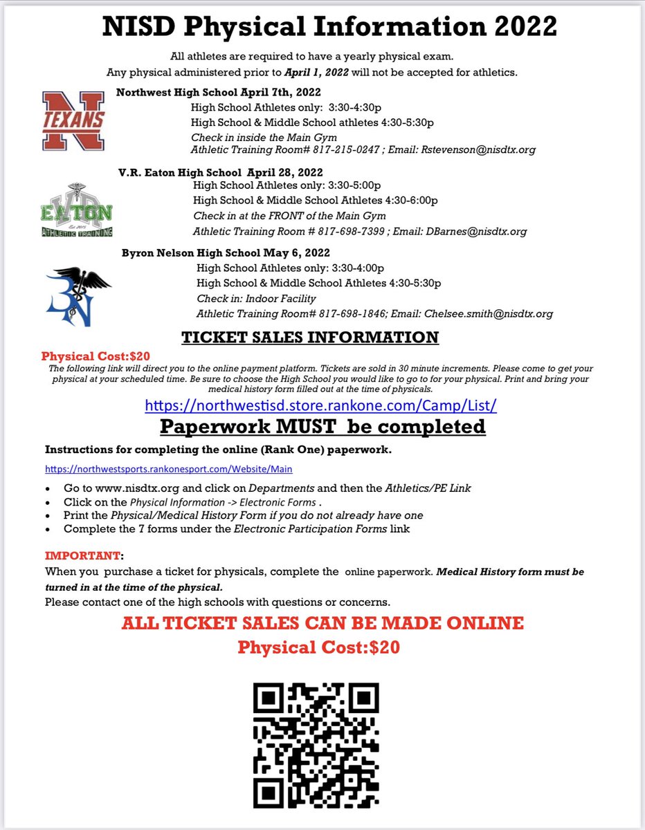 Texans! Do you need a physical for the 2022-2023 school year? Please see the information below.