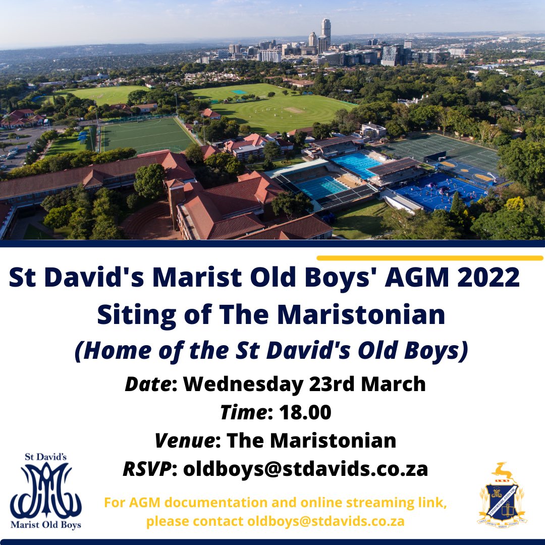 The date is drawing near. RSVP oldboys@stdavids.co.za if you are able to attend our symbolic siting of the Maristonian and St David’s Old Boys AGM. @StDavids_Marist
