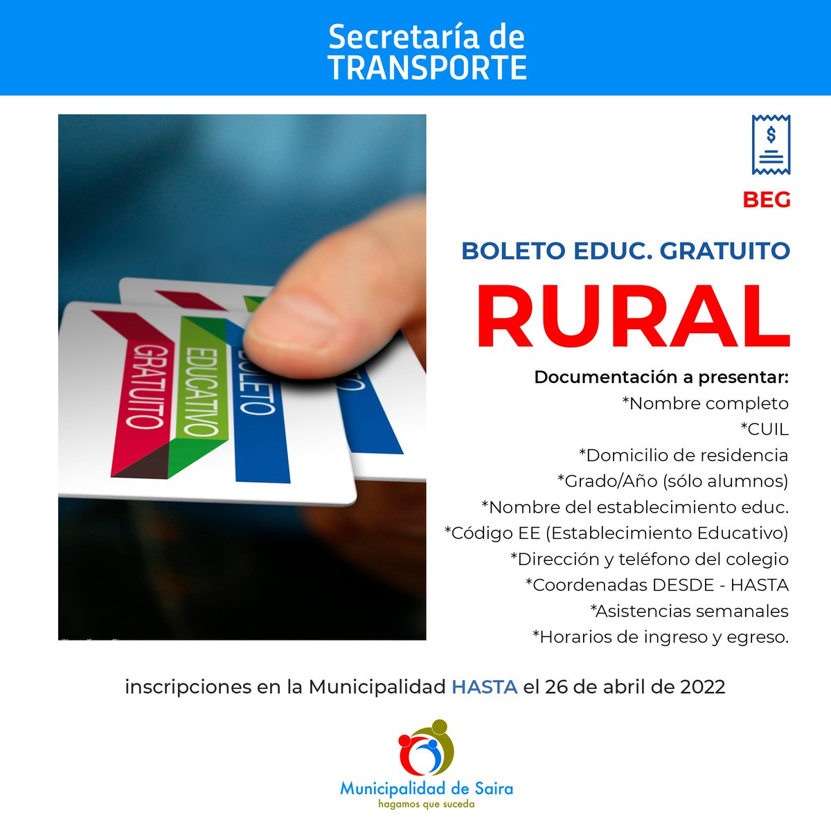 🎫 Abrieron las inscripciones para el #BEGrural.

🤝 Acercarse a la Municipalidad de #SairaCba con la documentación escrita en esta imagen hasta el 26 de abril del corriente.