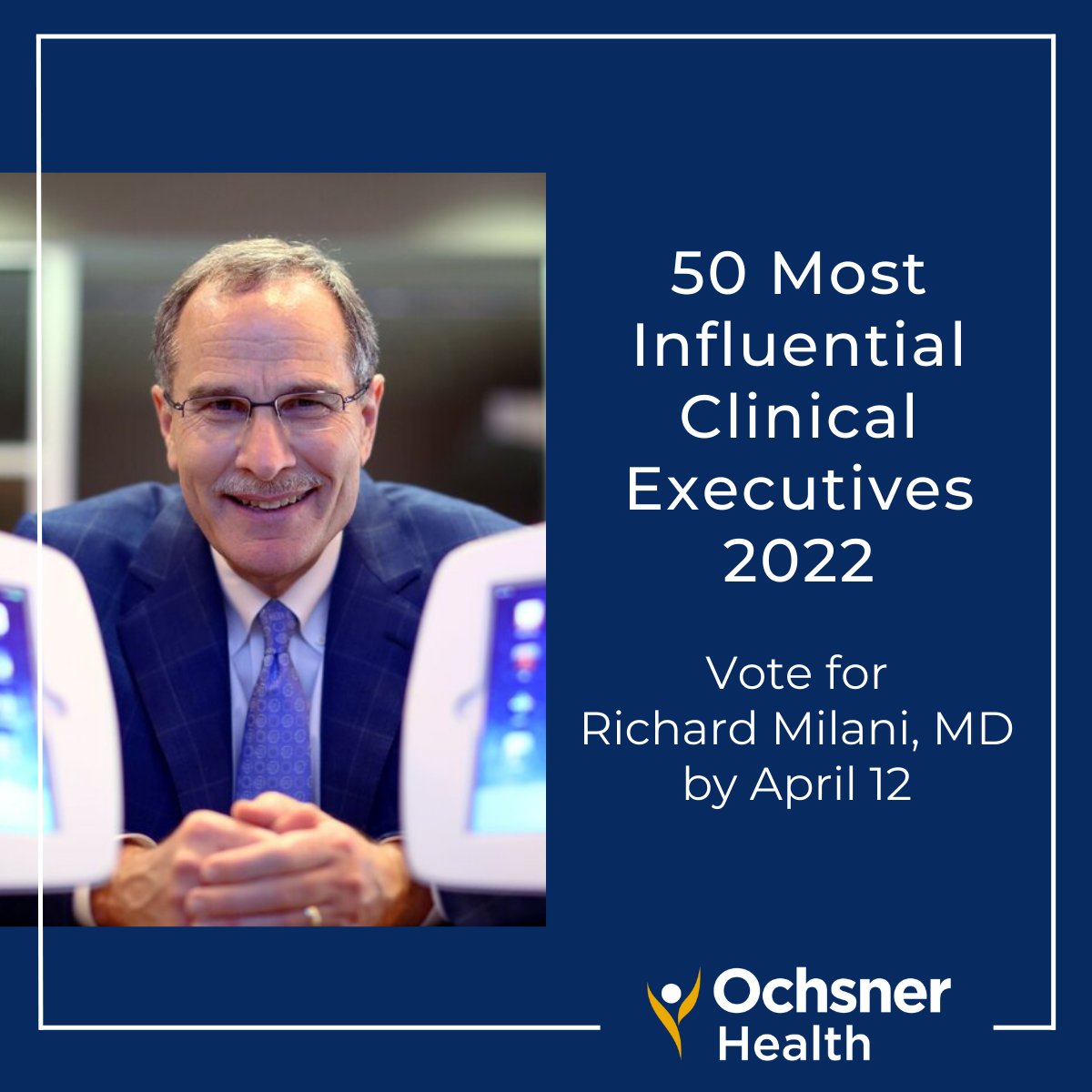 Ochsner Health (@ochsnerhealth) on Twitter photo Congratulations to <a href="/rvmilani/">Richard Milani</a> for being nominated for <a href="/modrnhealthcr/">Modern Healthcare</a>'s list of 50 Most Influential Clinical Executives! 🎉 bit.ly/3Jz07xd
Expand this thread for directions on how to cast your vote for Dr. Milani. Congratulations to <a href="/rvmilani/">Richard Milani</a> for being nominated for <a href="/modrnhealthcr/">Modern Healthcare</a>'s list of 50 Most Influential Clinical Executives! 🎉 bit.ly/3Jz07xd
Expand this thread for directions on how to cast your vote for Dr. Milani.